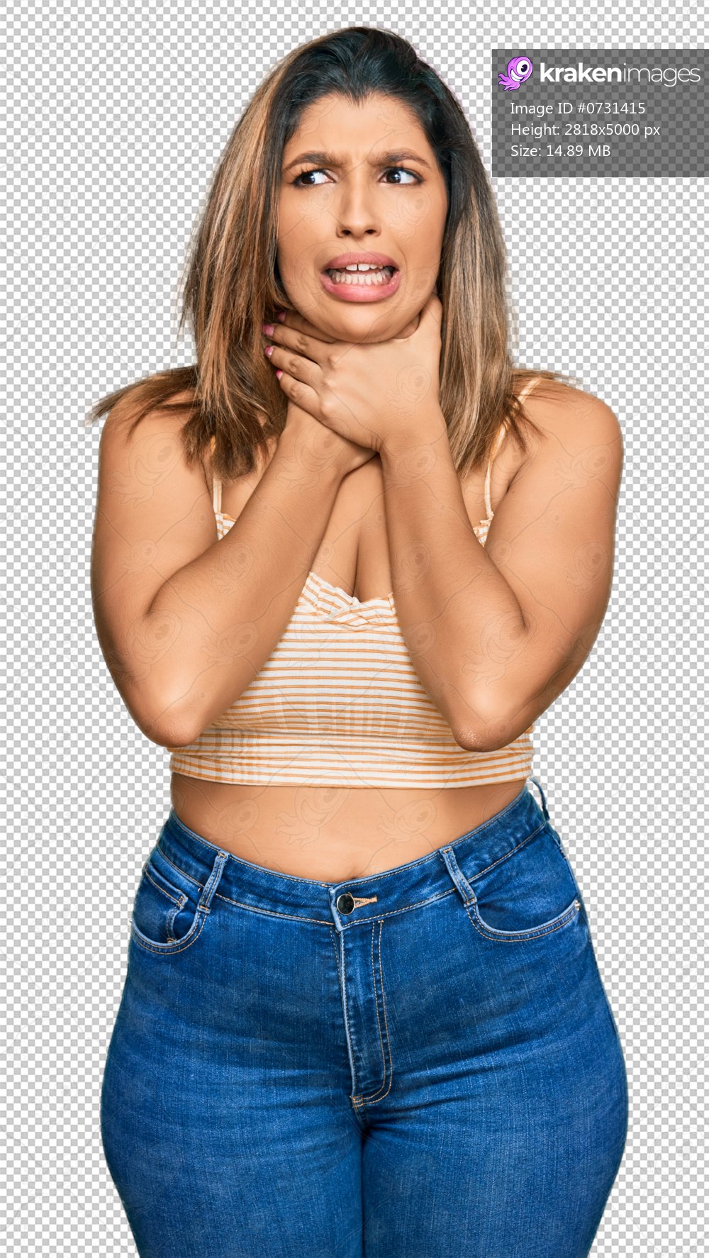 Beautiful brunette woman wearing casual clothes shouting and suffocate because painful strangle. health problem. asphyxiate and suicide concept.
