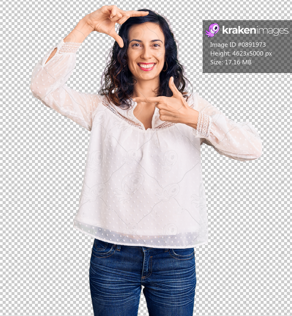 Young beautiful hispanic woman wearing casual clothes smiling making frame with hands and fingers with happy face. creativity and photography concept.