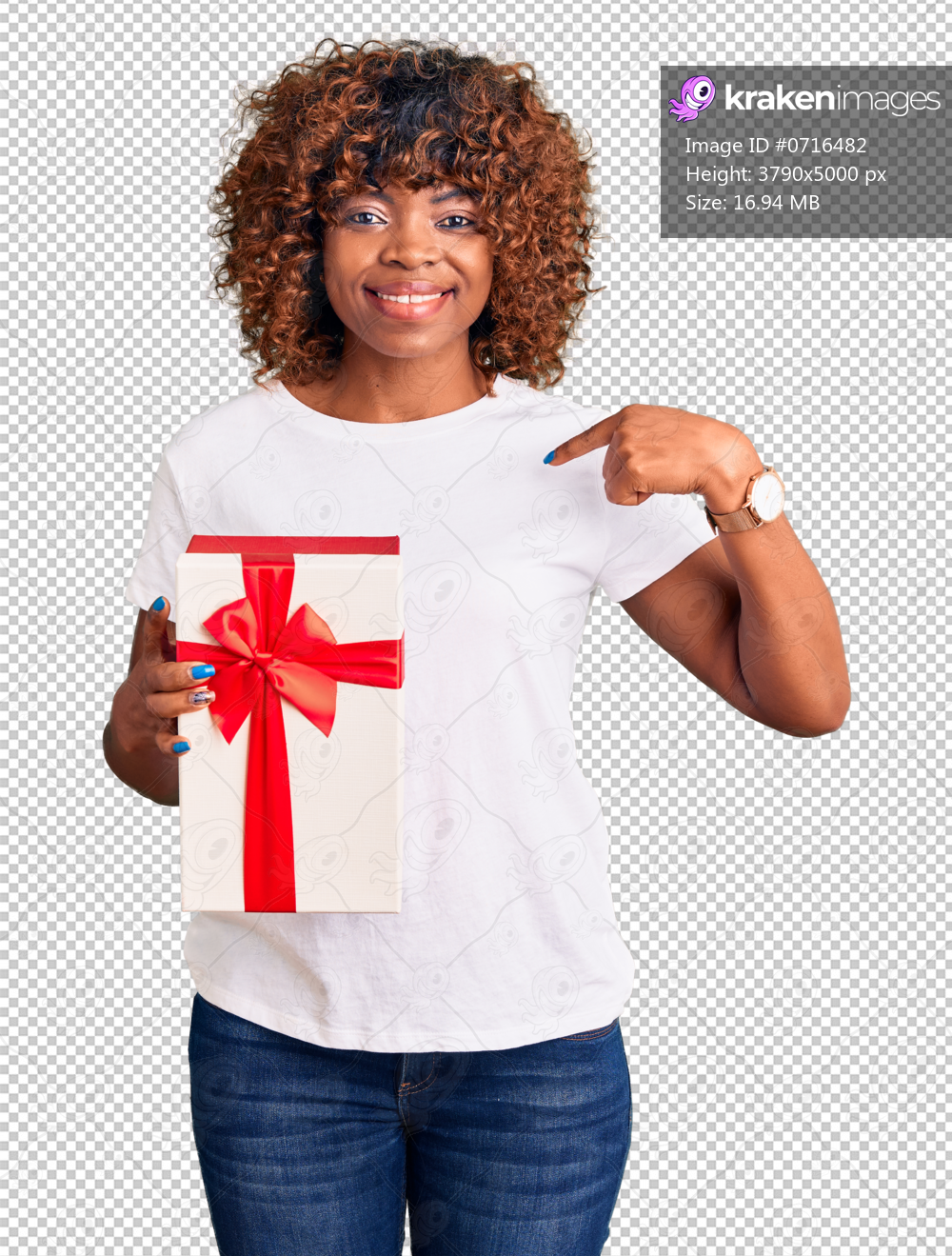 Young african american woman holding gift pointing finger to one self smiling happy and proud