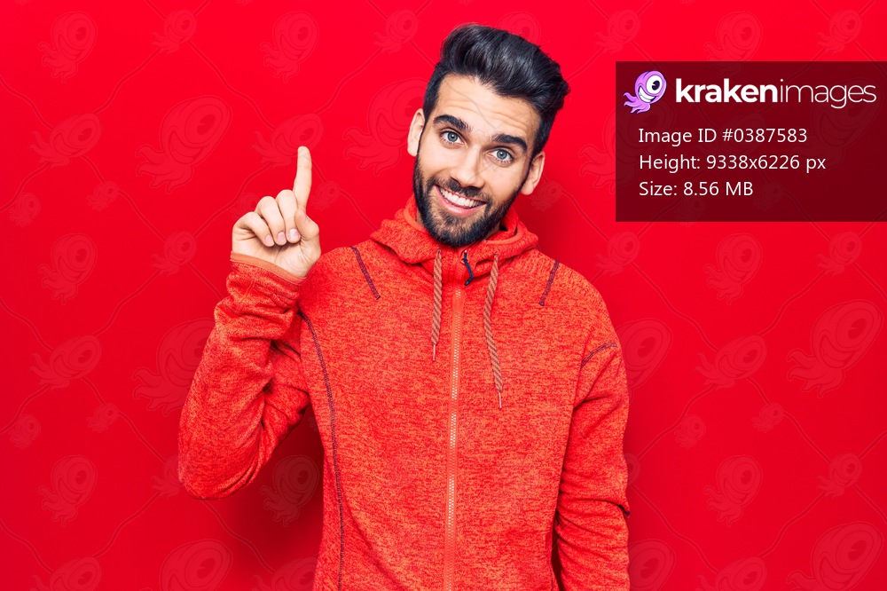 Young handsome man with beard wearing casual sweatshirt smiling with an idea or question pointing finger up with happy face, number one 