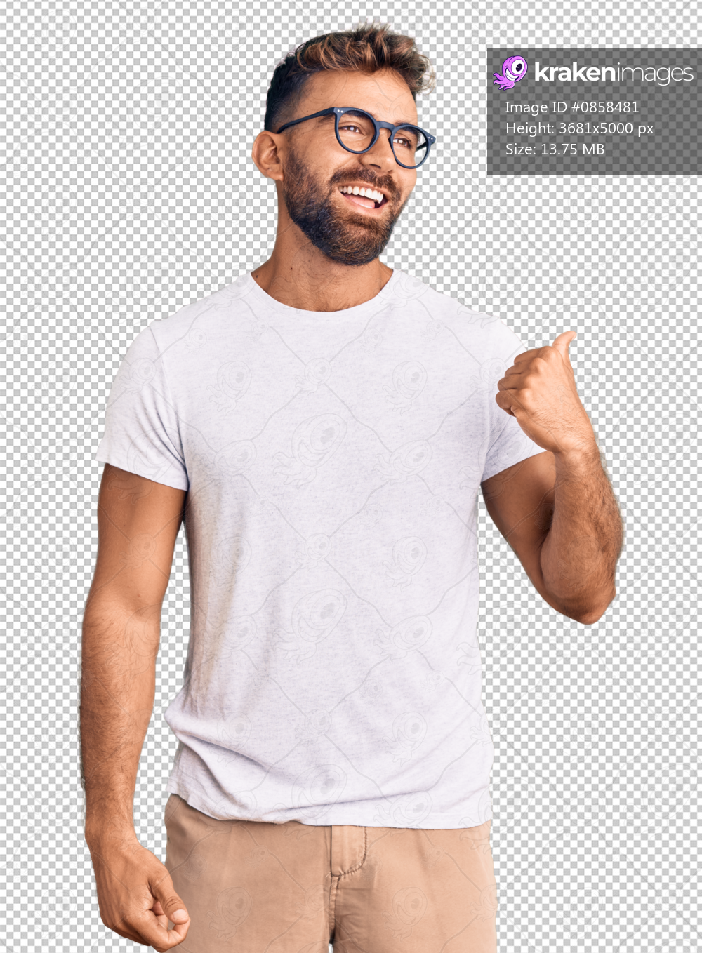 Young hispanic man wearing casual clothes and glasses smiling with happy face looking and pointing to the side with thumb up.