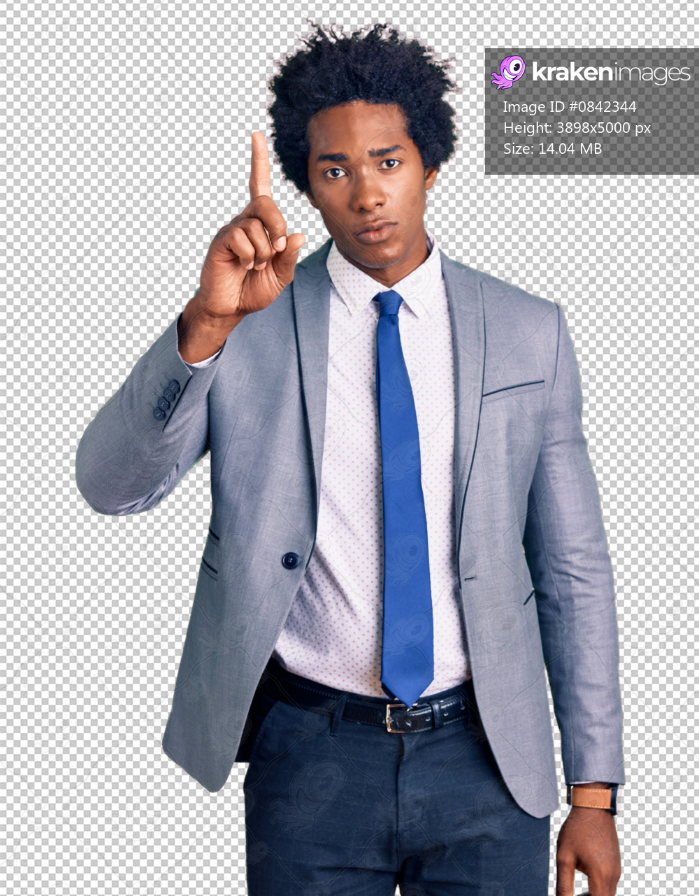 Handsome african american man with afro hair wearing business jacket pointing with finger up and angry expression, showing no gesture