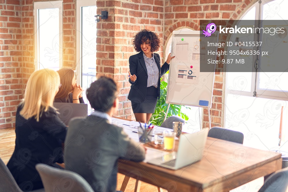 Group of business workers working together in a meeting. One of them making presentation to colleagues at the office