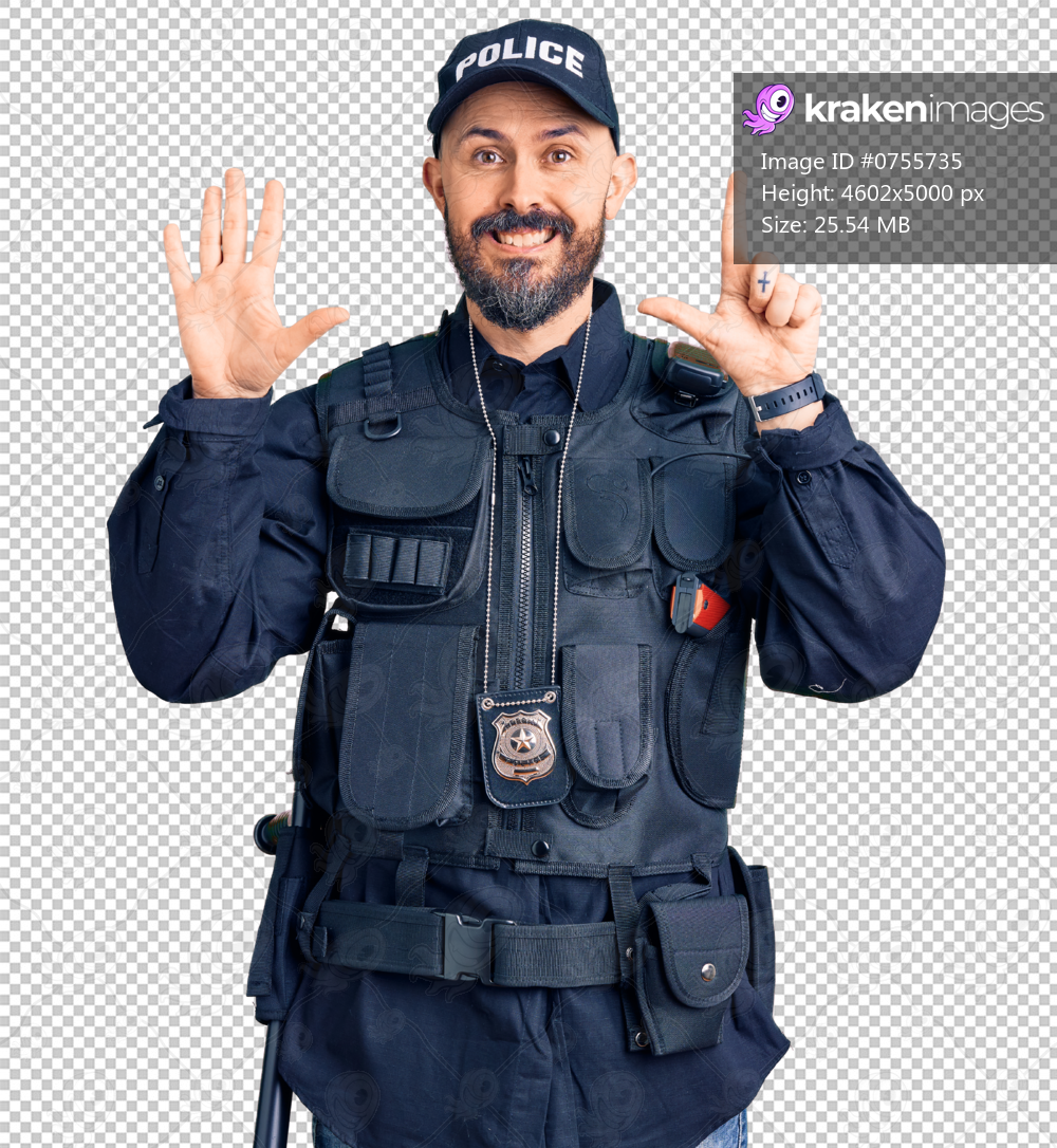 Young handsome man wearing police uniform showing and pointing up with fingers number seven while smiling confident and happy.
