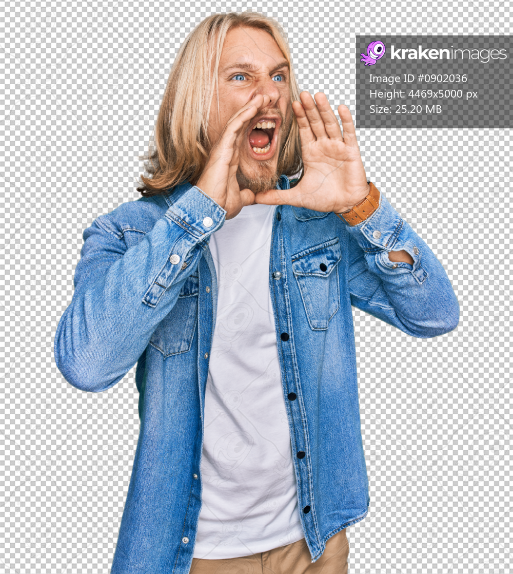 Caucasian man with blond long hair wearing casual denim jacket shouting angry out loud with hands over mouth