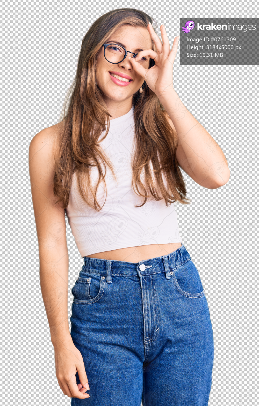 Beautiful caucasian young woman wearing casual clothes and glasses doing ok gesture with hand smiling, eye looking through fingers with happy face.