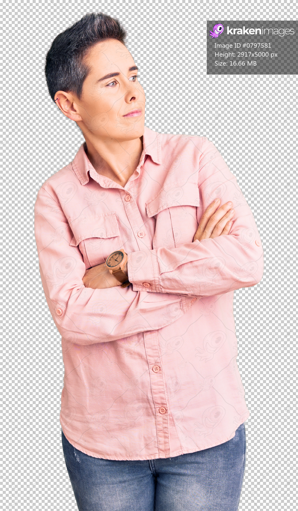 Young woman with short hair wearing casual clothes looking to the side with arms crossed convinced and confident
