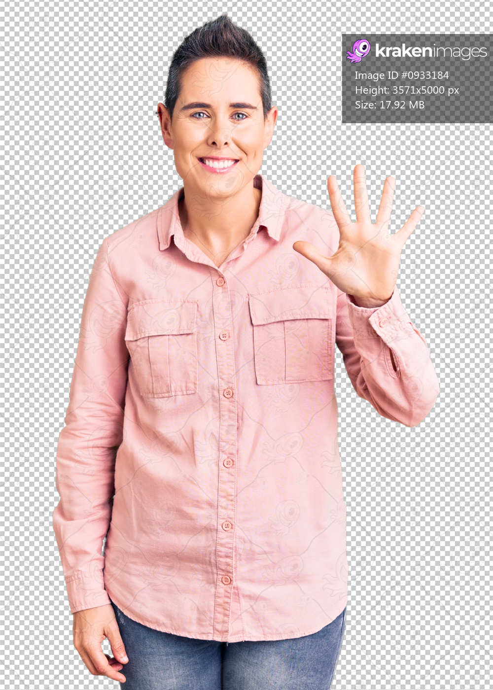 Young woman with short hair wearing casual clothes showing and pointing up with fingers number five while smiling confident and happy.