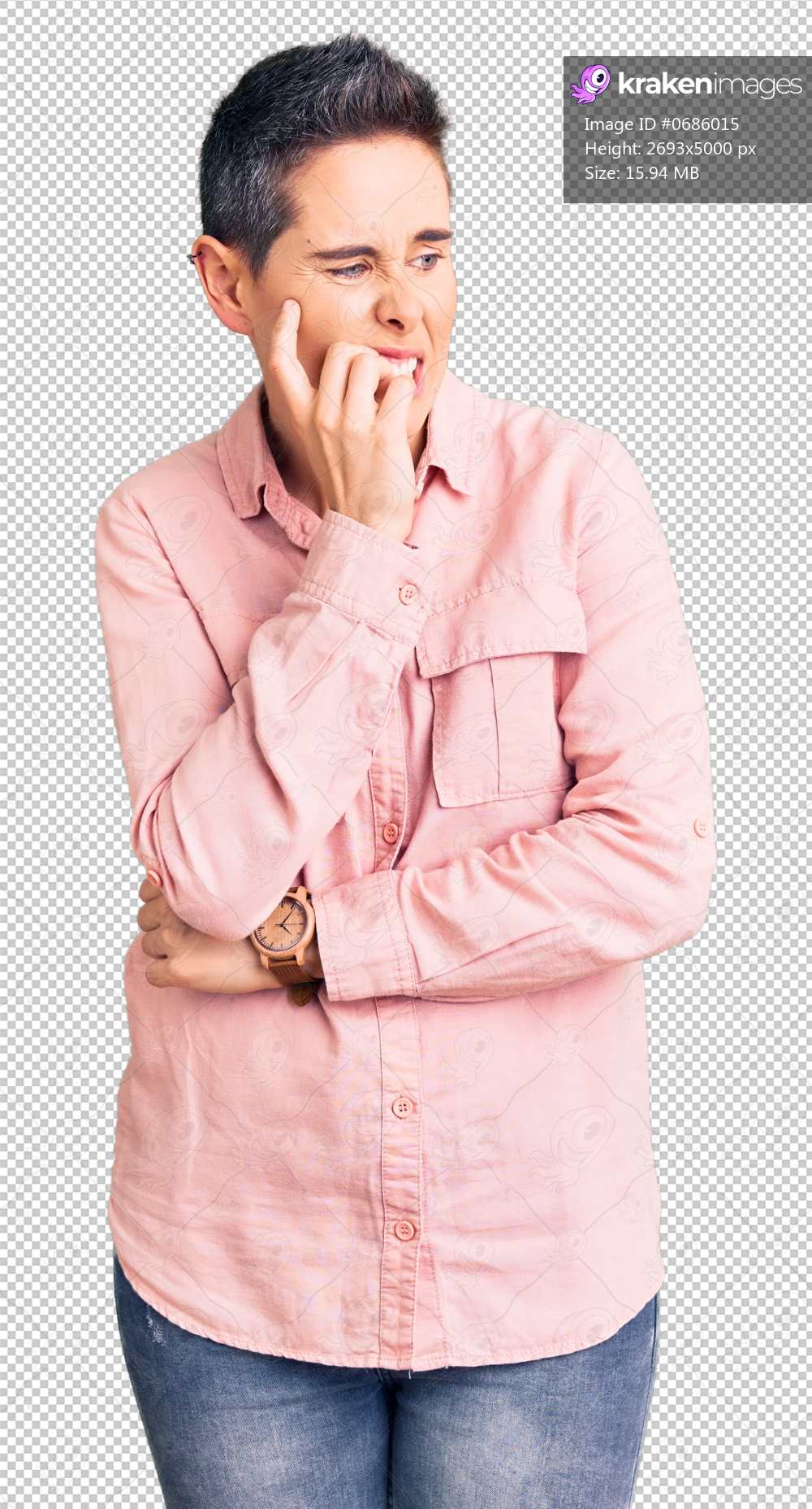 Young woman with short hair wearing casual clothes looking stressed and nervous with hands on mouth biting nails. anxiety problem.