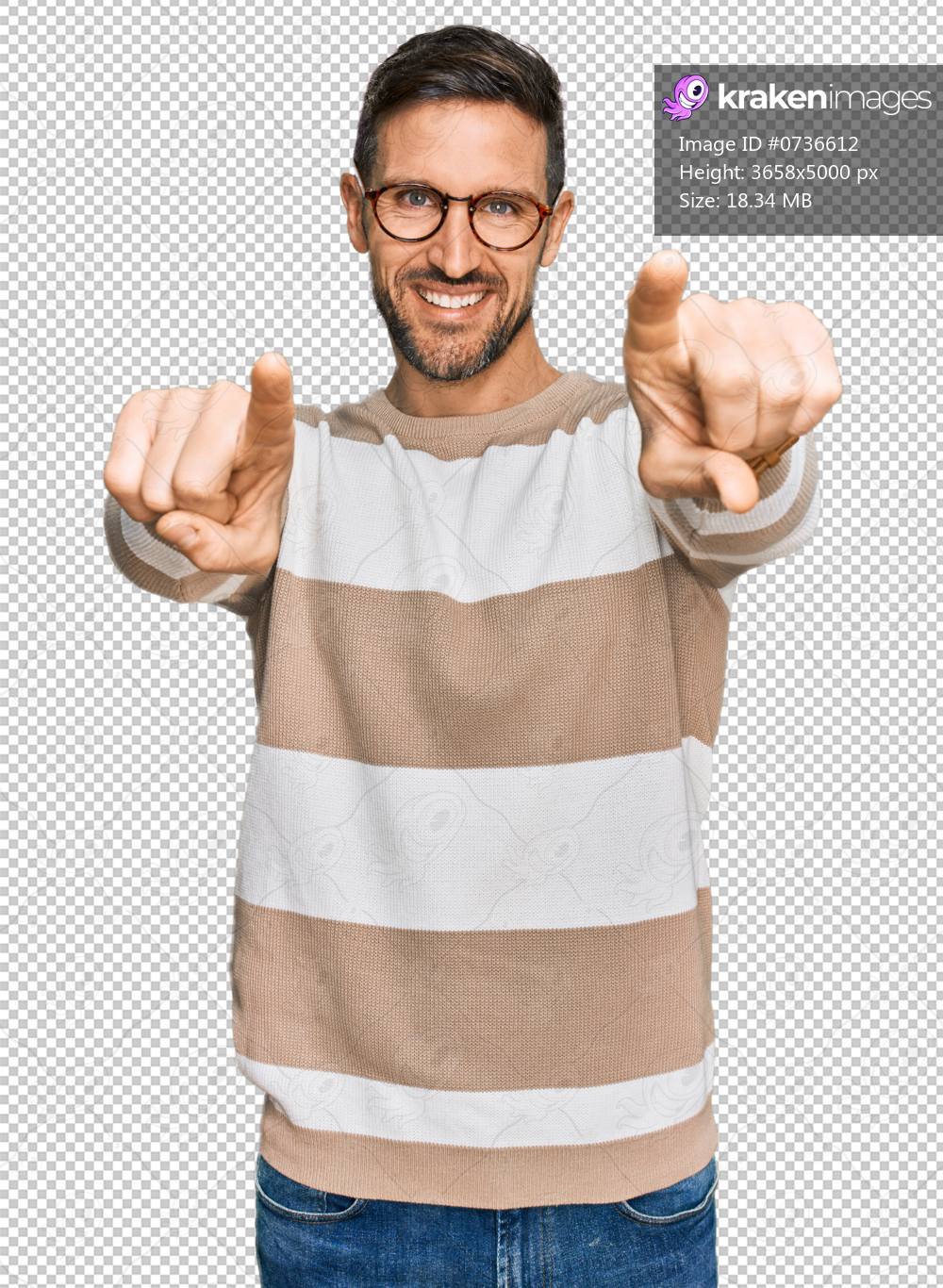 Handsome man with beard wearing casual clothes and glasses pointing to you and the camera with fingers, smiling positive and cheerful