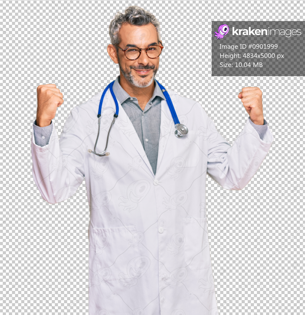 Middle age grey-haired man wearing doctor uniform and stethoscope screaming proud, celebrating victory and success very excited with raised arms