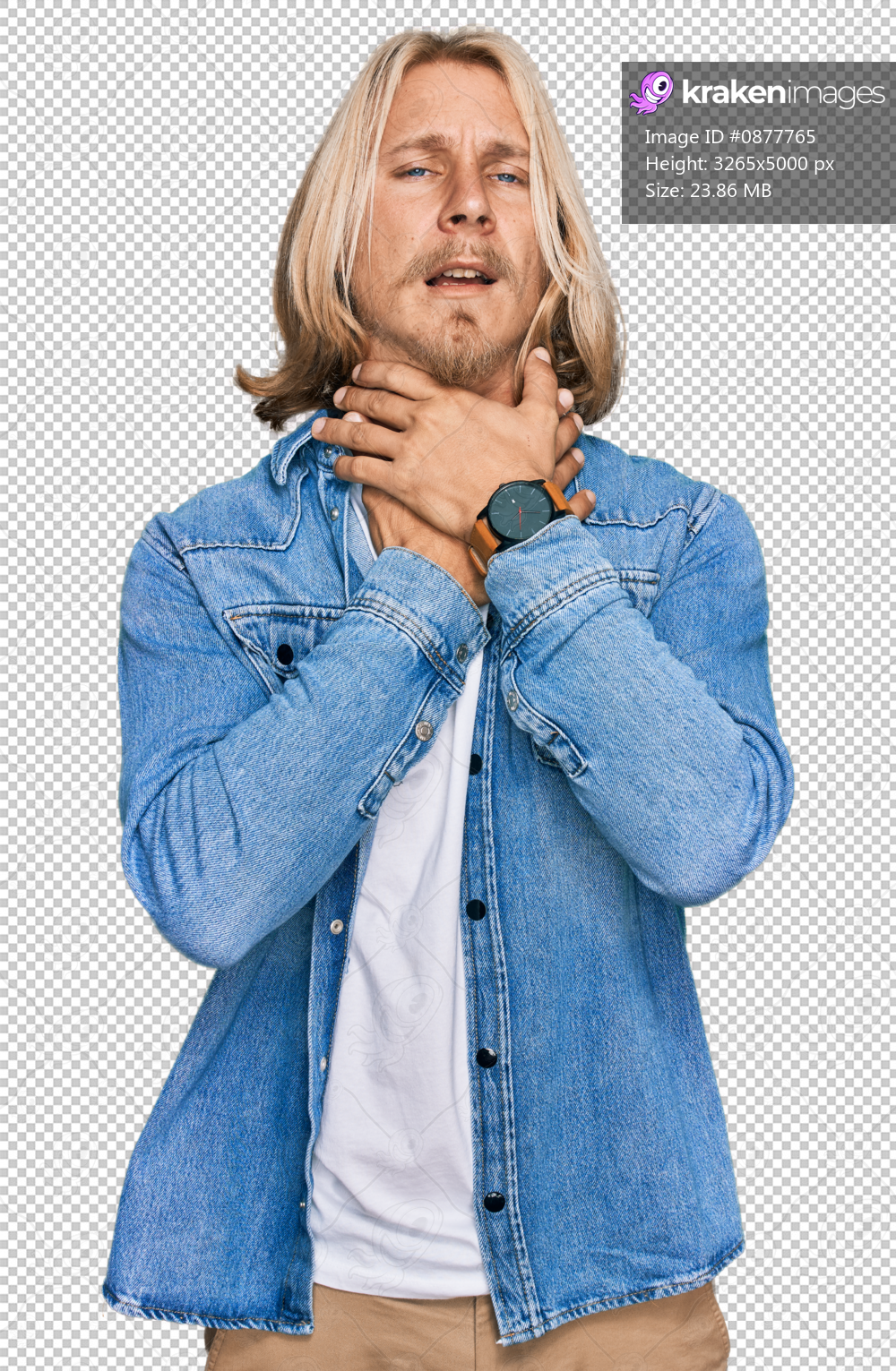 Caucasian man with blond long hair wearing casual denim jacket shouting suffocate because painful strangle. health problem. asphyxiate and suicide concept.