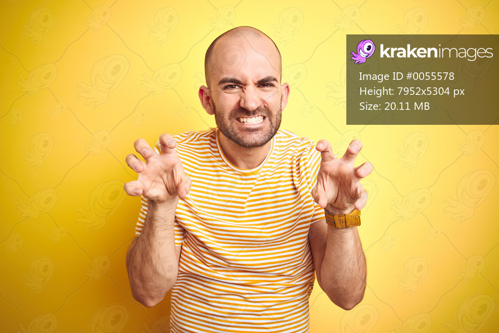 Young bald man with beard wearing casual striped t-shirt over yellow isolated background smiling funny doing claw gesture as cat, aggressive and sexy expression