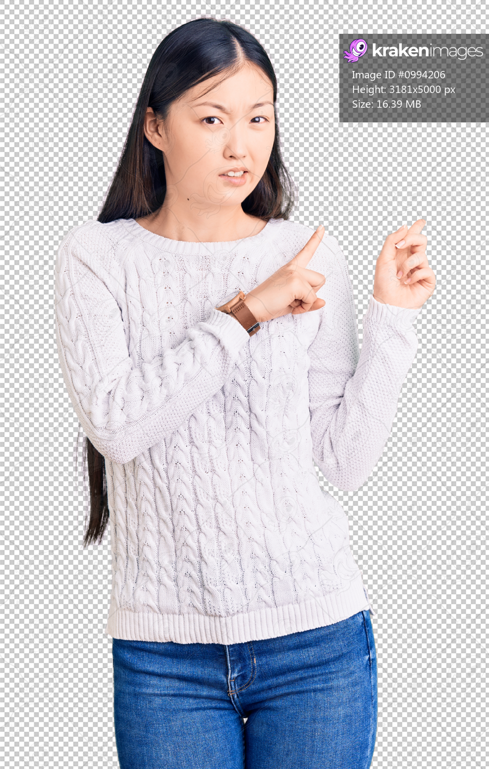Young beautiful chinese woman wearing casual sweater pointing aside worried and nervous with both hands, concerned and surprised expression