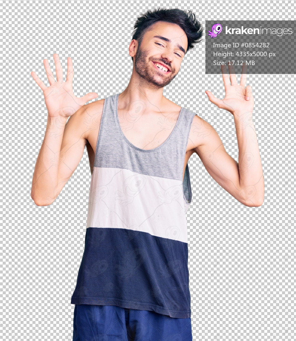 Young hispanic man wearing casual clothes showing and pointing up with fingers number nine while smiling confident and happy.