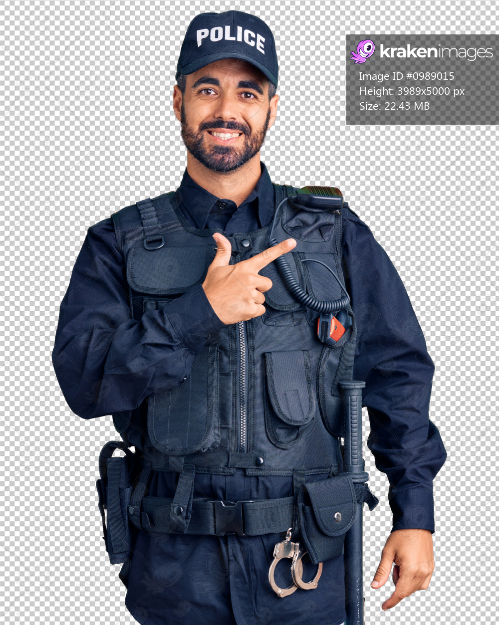 Young hispanic man wearing police uniform cheerful with a smile on face pointing with hand and finger up to the side with happy and natural expression