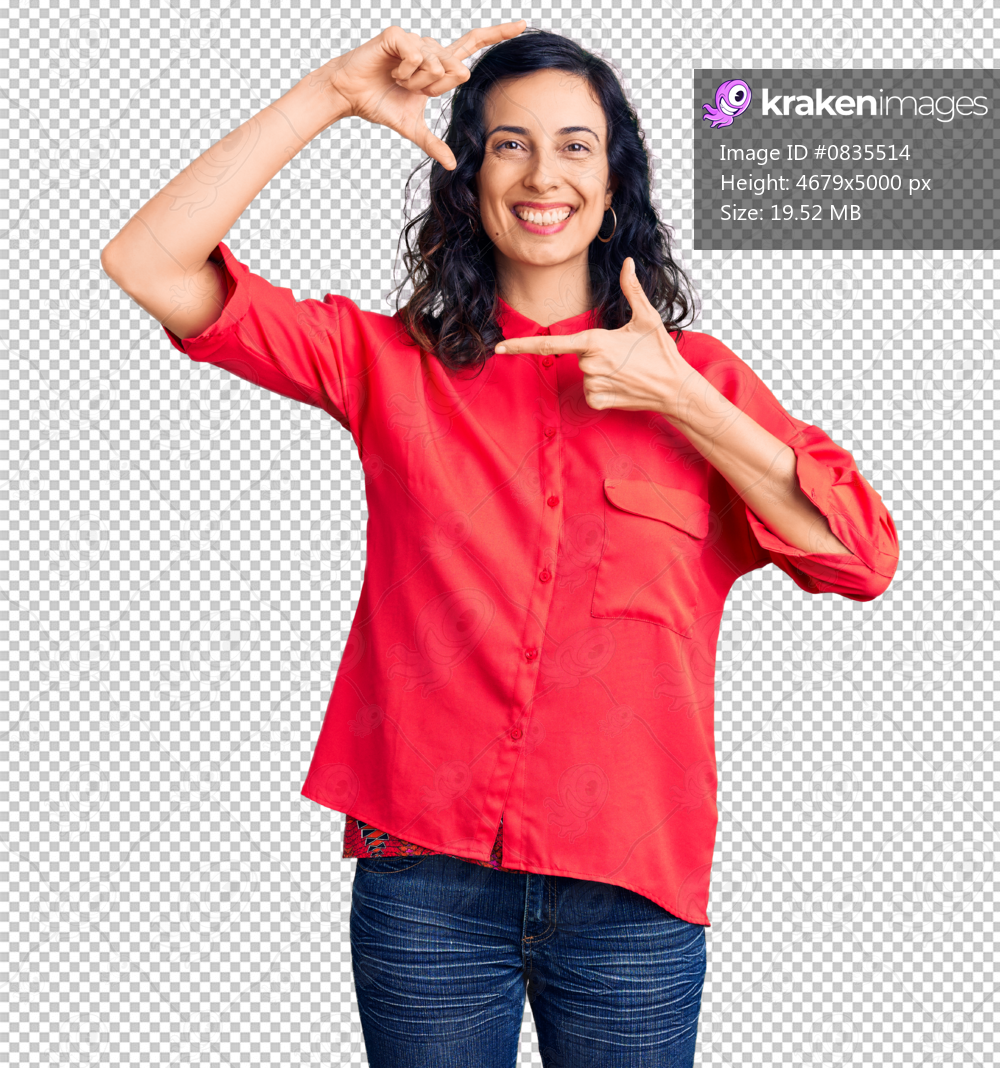 Young beautiful hispanic woman wearing casual clothes smiling making frame with hands and fingers with happy face. creativity and photography concept.