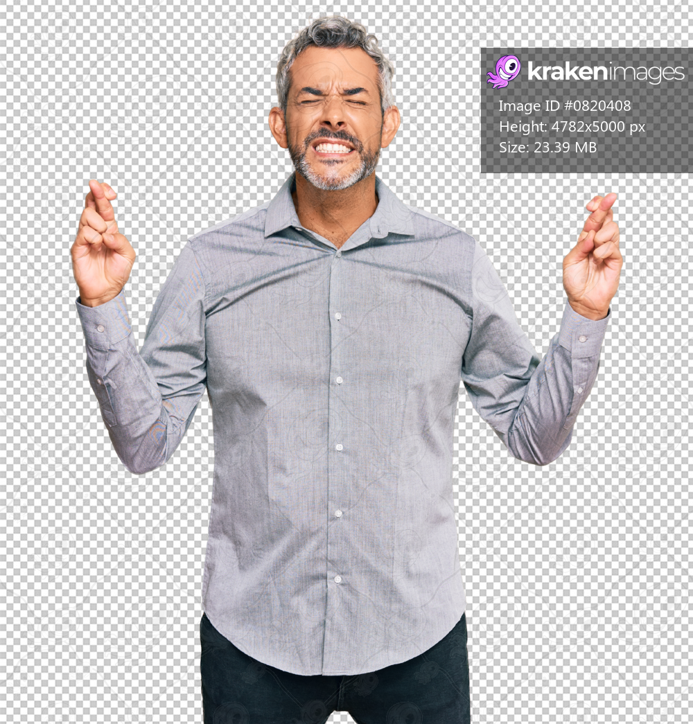 Middle age grey-haired man wearing casual clothes gesturing finger crossed smiling with hope and eyes closed. luck and superstitious concept.