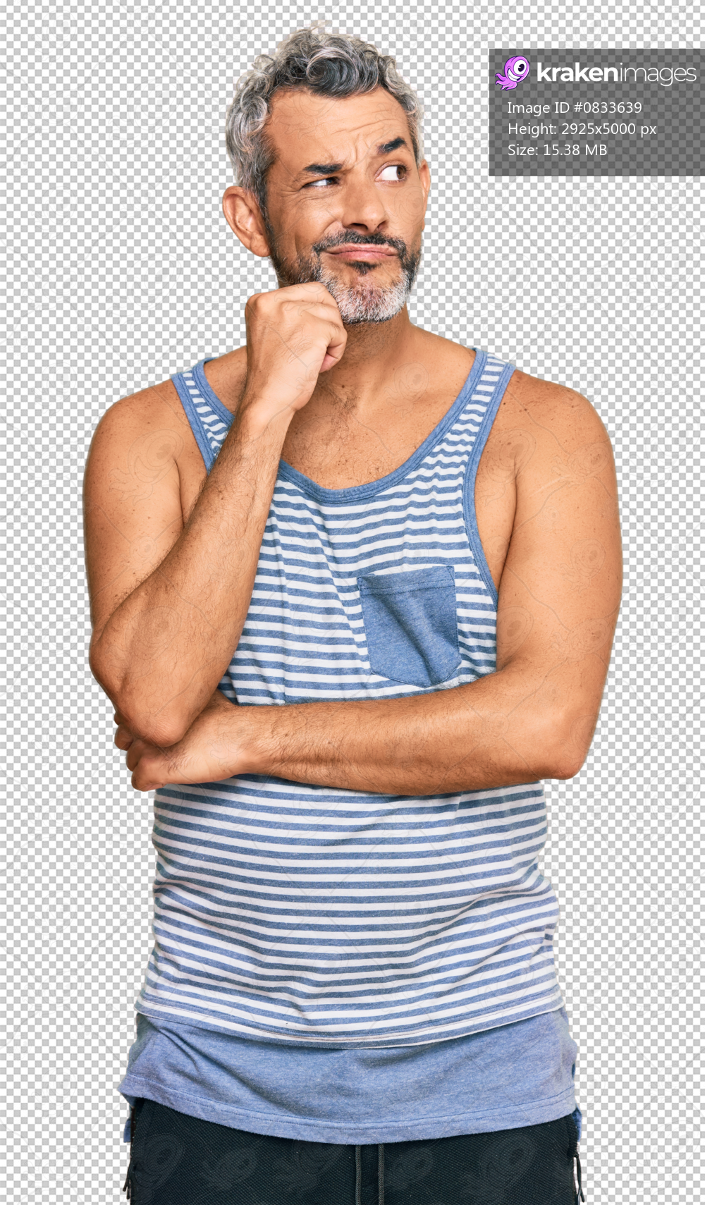 Middle age grey-haired man wearing casual style with sleeveless shirt serious face thinking about question with hand on chin, thoughtful about confusing idea
