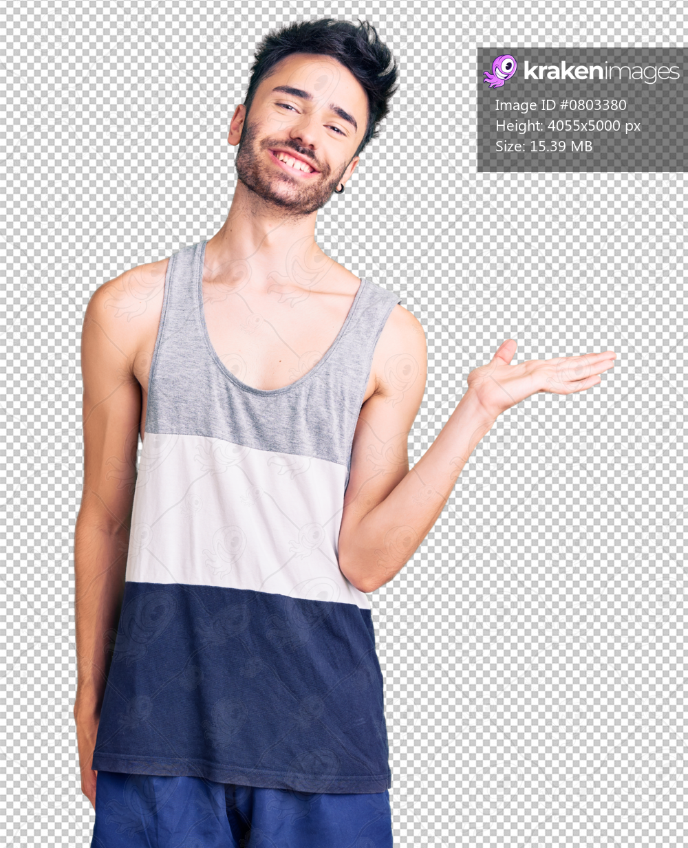 Young hispanic man wearing casual clothes smiling cheerful presenting and pointing with palm of hand looking at the camera.