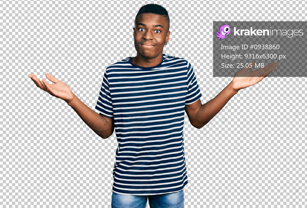 Young african american man wearing casual striped t shirt clueless and confused with open arms, no idea and doubtful face.