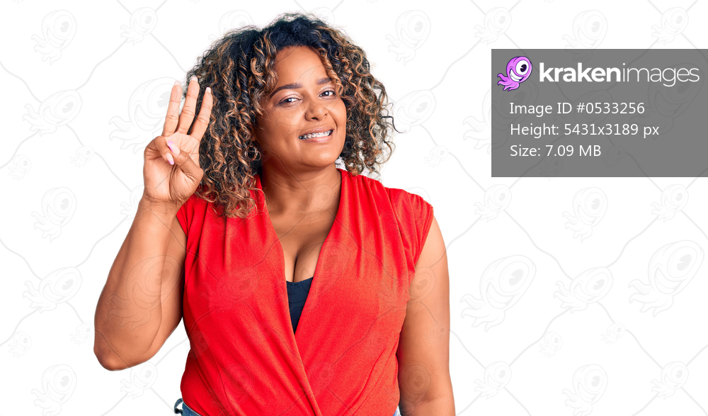 Young african american plus size woman wearing casual style with sleeveless shirt showing and pointing up with fingers number three while smiling confident and happy. 