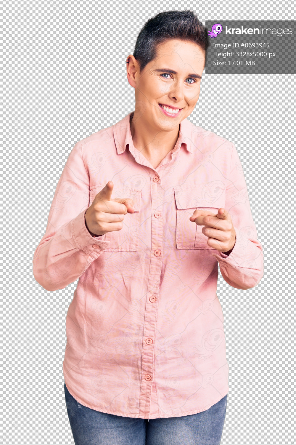 Young woman with short hair wearing casual clothes pointing fingers to camera with happy and funny face. good energy and vibes.