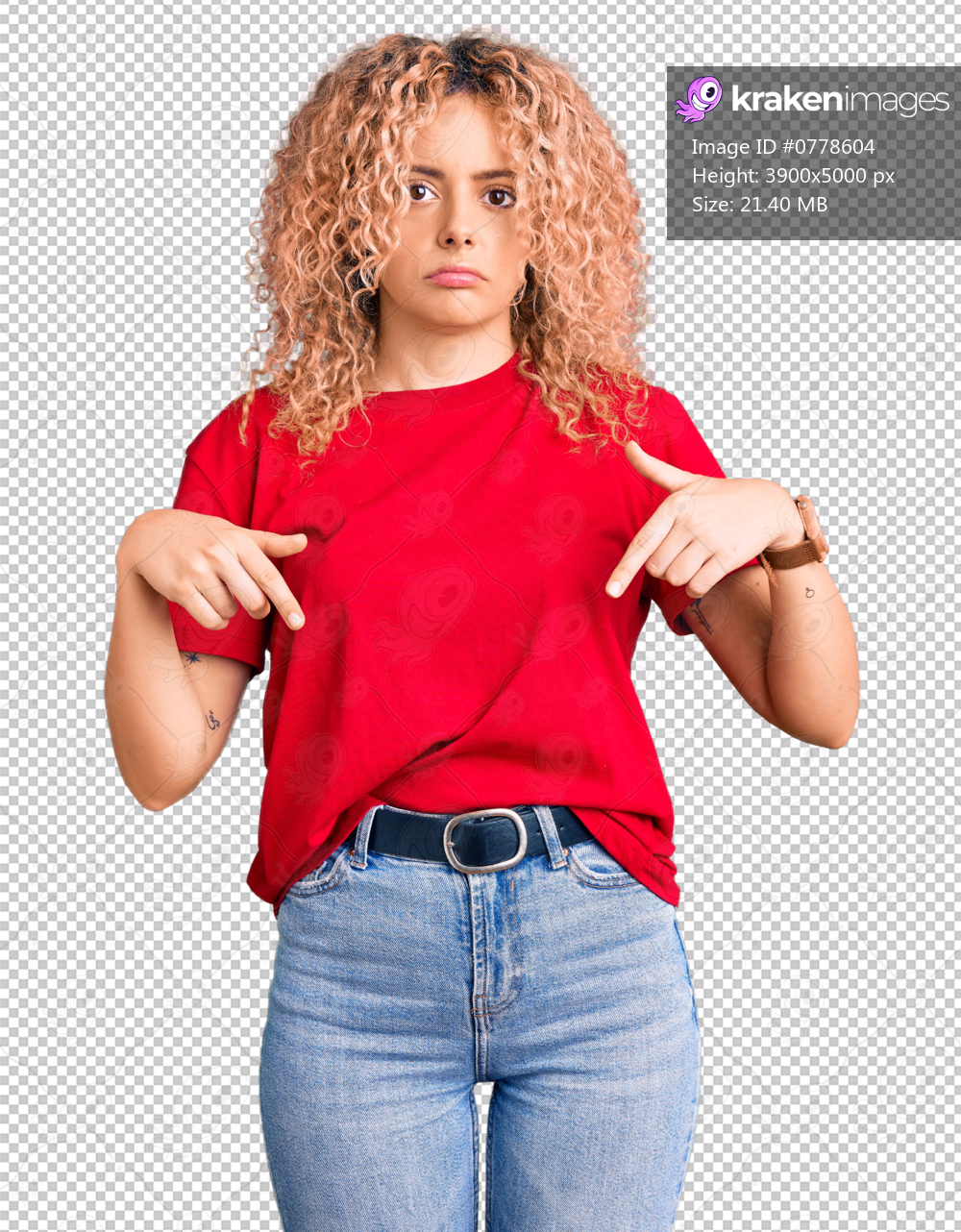 Young blonde woman with curly hair wearing casual red tshirt pointing down looking sad and upset, indicating direction with fingers, unhappy and depressed.