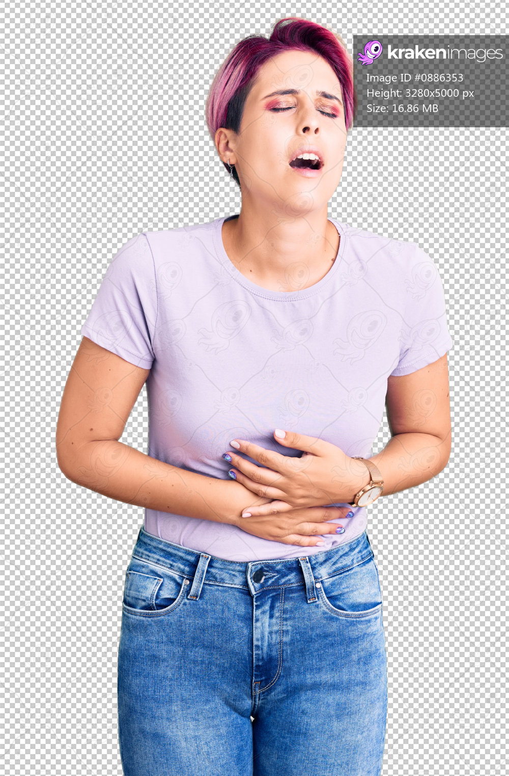 Young beautiful woman with pink hair wearing casual clothes with hand on stomach because nausea, painful disease feeling unwell. ache concept.