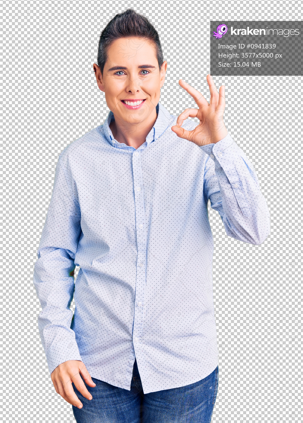 Young woman with short hair wearing business clothes smiling positive doing ok sign with hand and fingers. successful expression.