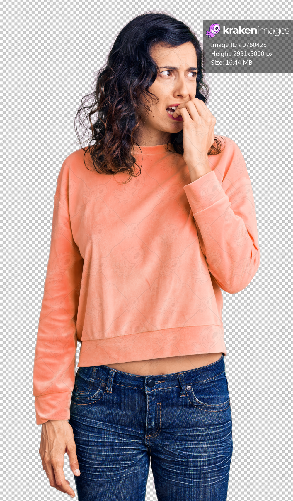 Young beautiful hispanic woman wearing casual clothes looking stressed and nervous with hands on mouth biting nails. anxiety problem.