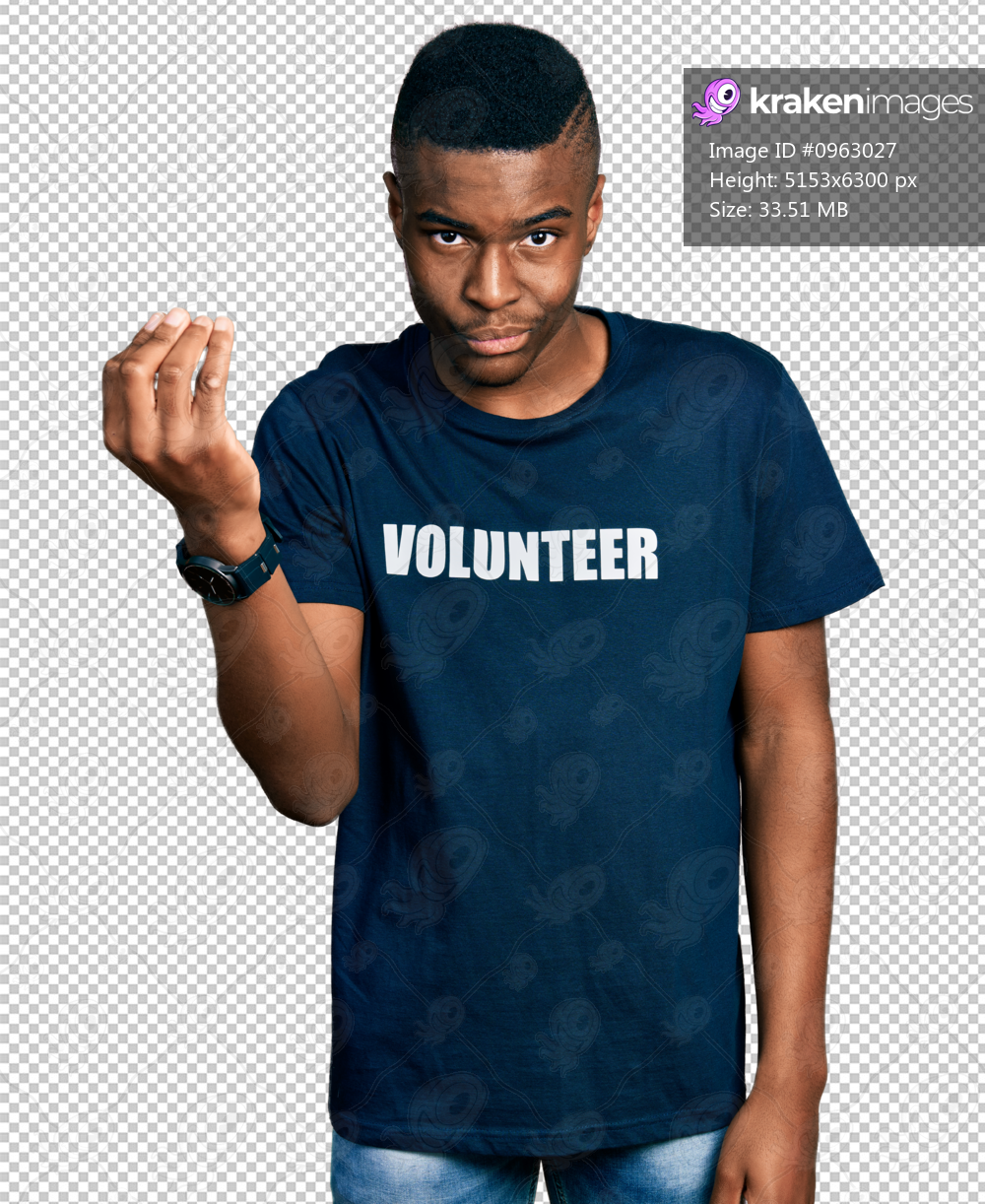 Young african american man wearing volunteer t shirt doing italian gesture with hand and fingers confident expression