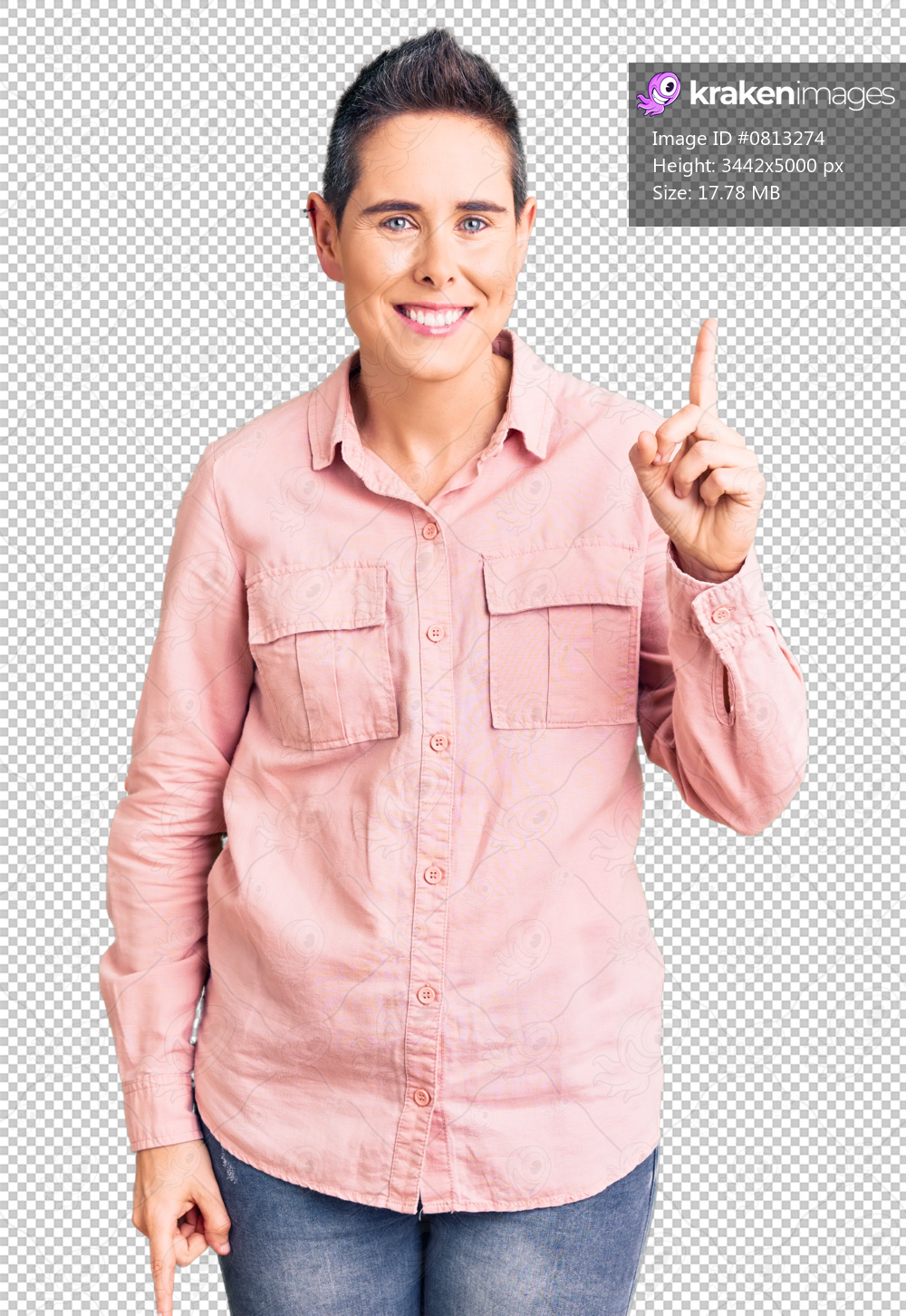 Young woman with short hair wearing casual clothes pointing finger up with successful idea. exited and happy. number one.