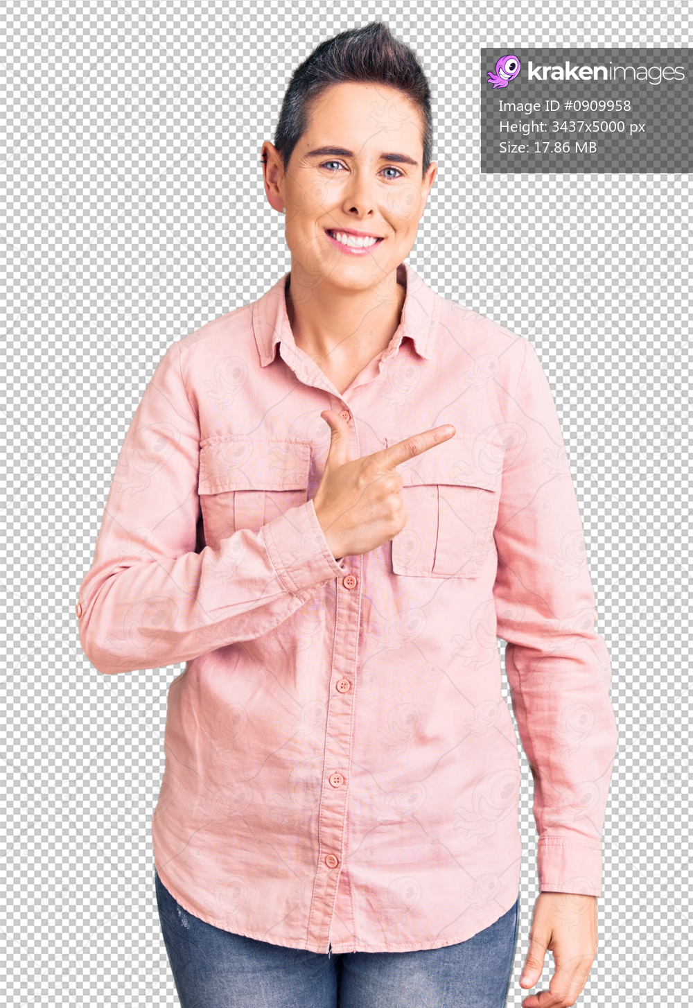 Young woman with short hair wearing casual clothes cheerful with a smile on face pointing with hand and finger up to the side with happy and natural expression