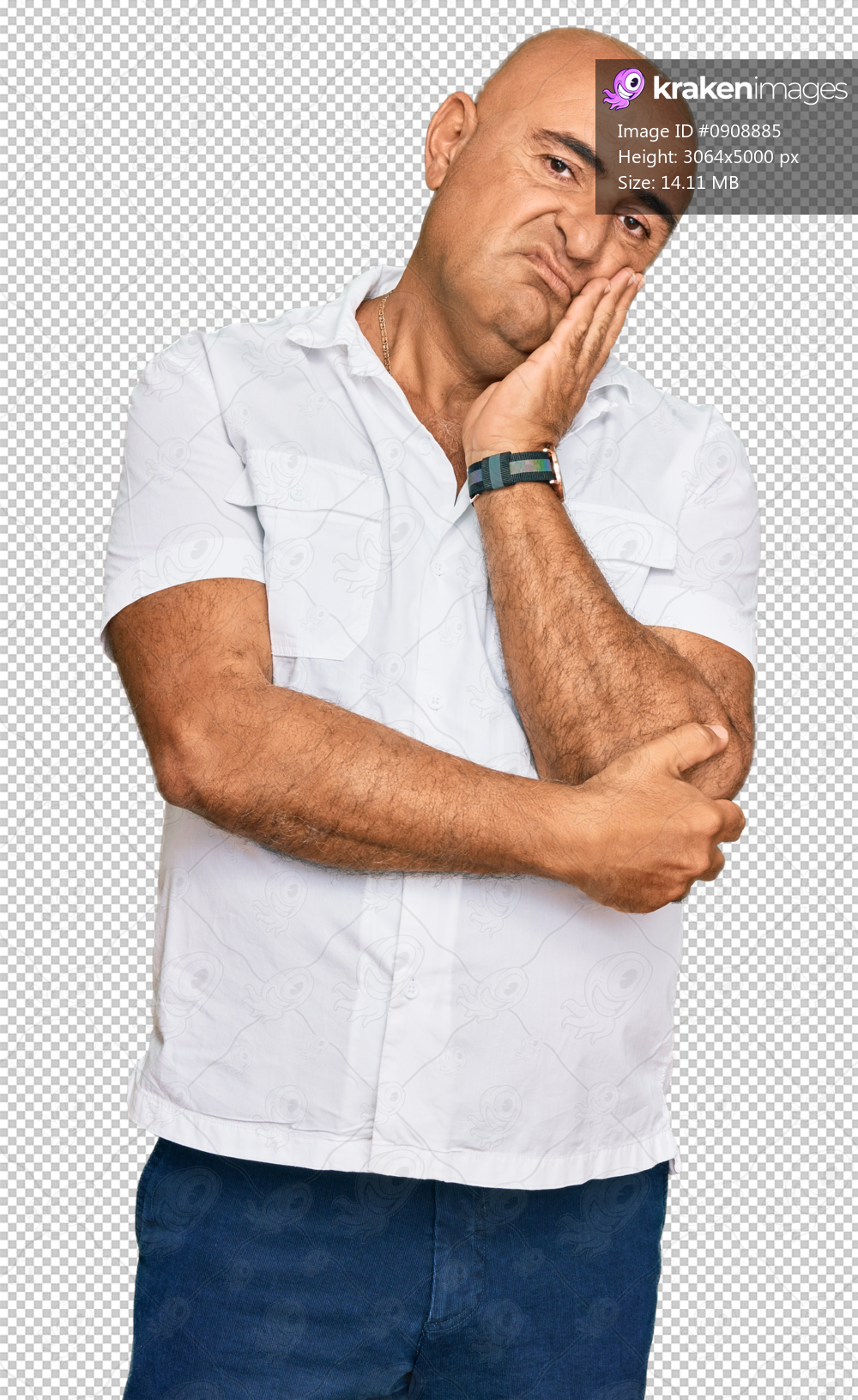 Mature middle east man with mustache wearing casual white shirt thinking looking tired and bored with depression problems with crossed arms.