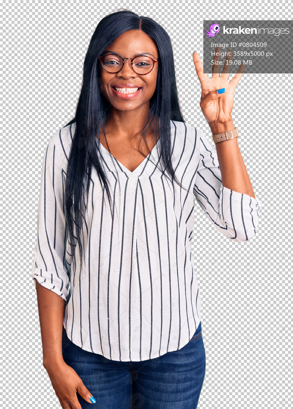 Young african american woman wearing casual clothes and glasses showing and pointing up with fingers number four while smiling confident and happy.