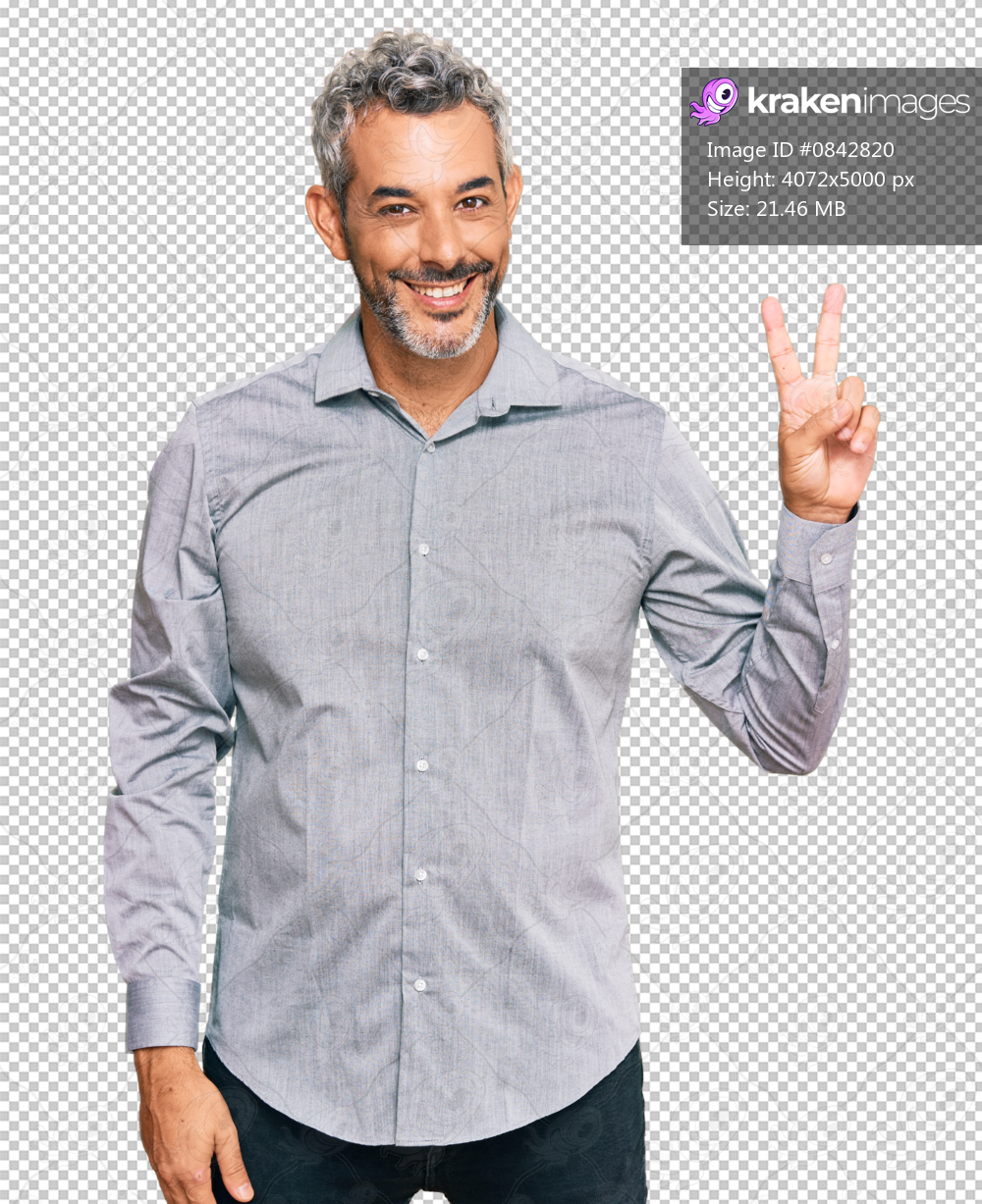Middle age grey-haired man wearing casual clothes showing and pointing up with fingers number two while smiling confident and happy.