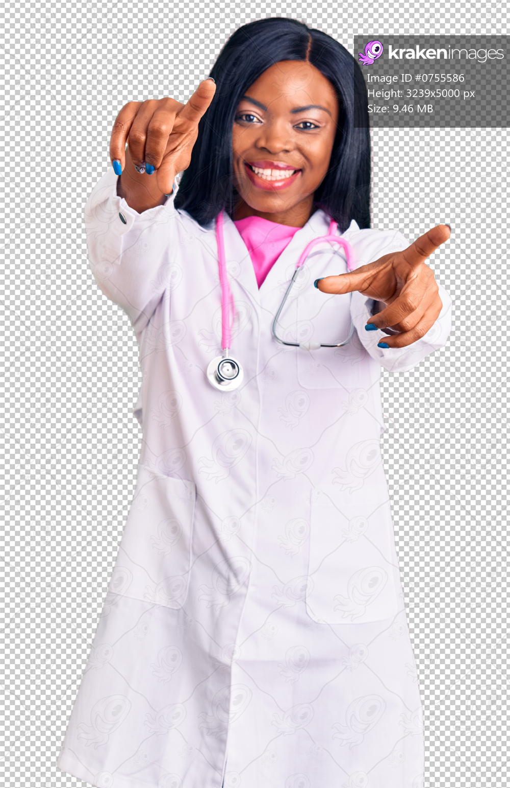 Young african american woman wearing doctor stethoscope pointing to you and the camera with fingers, smiling positive and cheerful