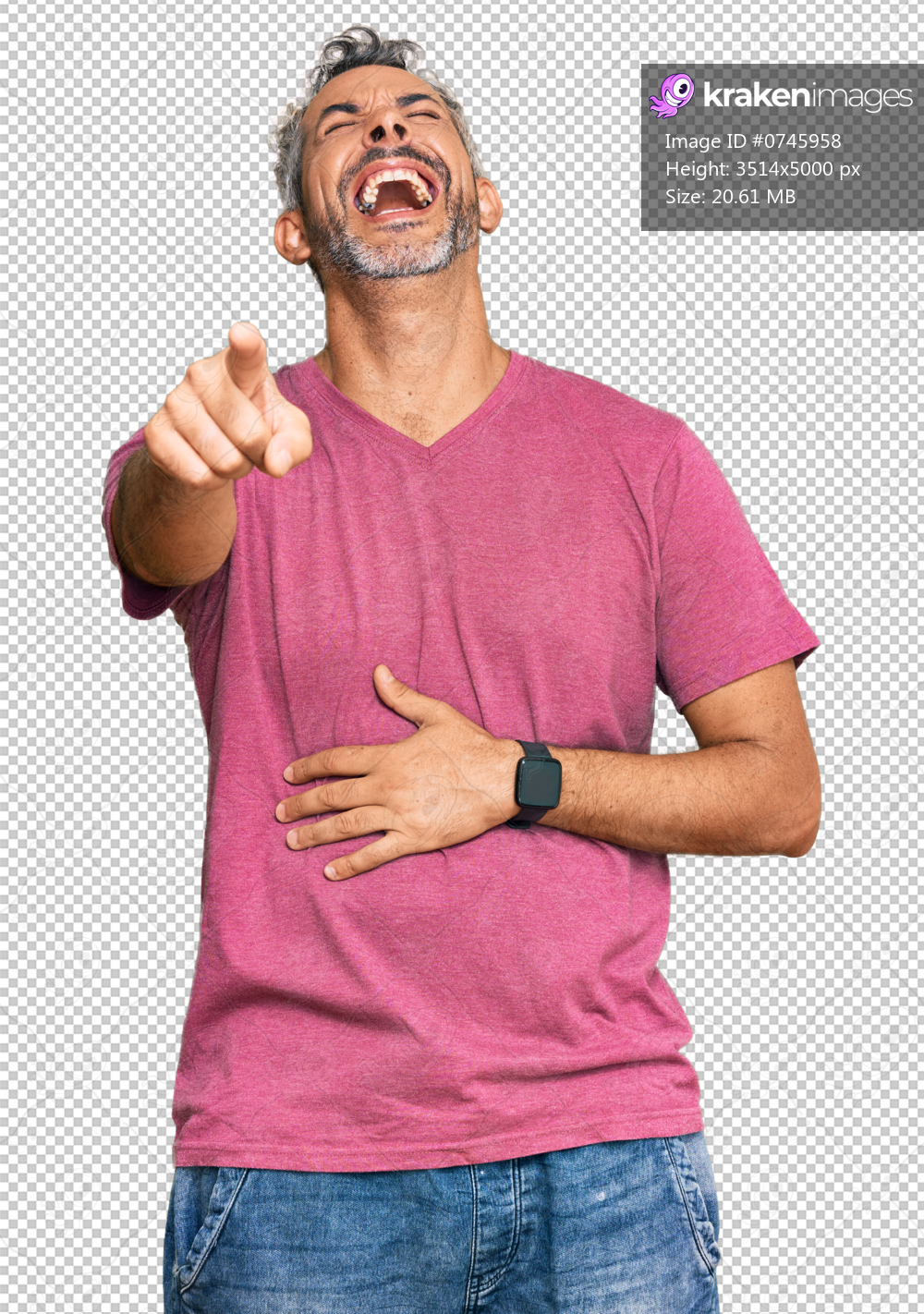 Middle age grey-haired man wearing casual clothes laughing at you, pointing finger to the camera with hand over body, shame expression