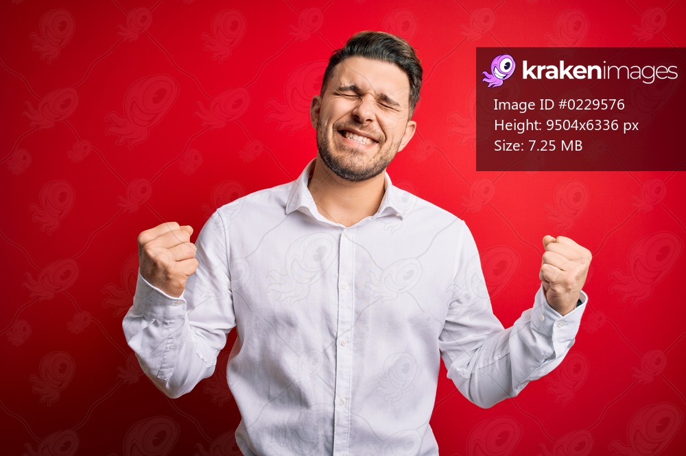 Young business man with blue eyes wearing elegant shirt standing over red isolated background very happy and excited doing winner gesture with arms raised, smiling and screaming for success. Celebration concept.