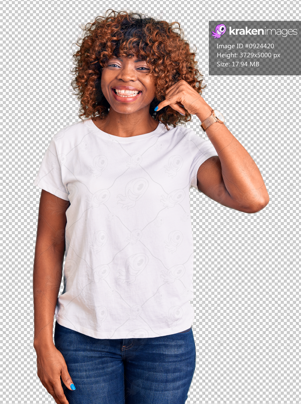 Young african american woman wearing casual white tshirt smiling doing phone gesture with hand and fingers like talking on the telephone. communicating concepts.