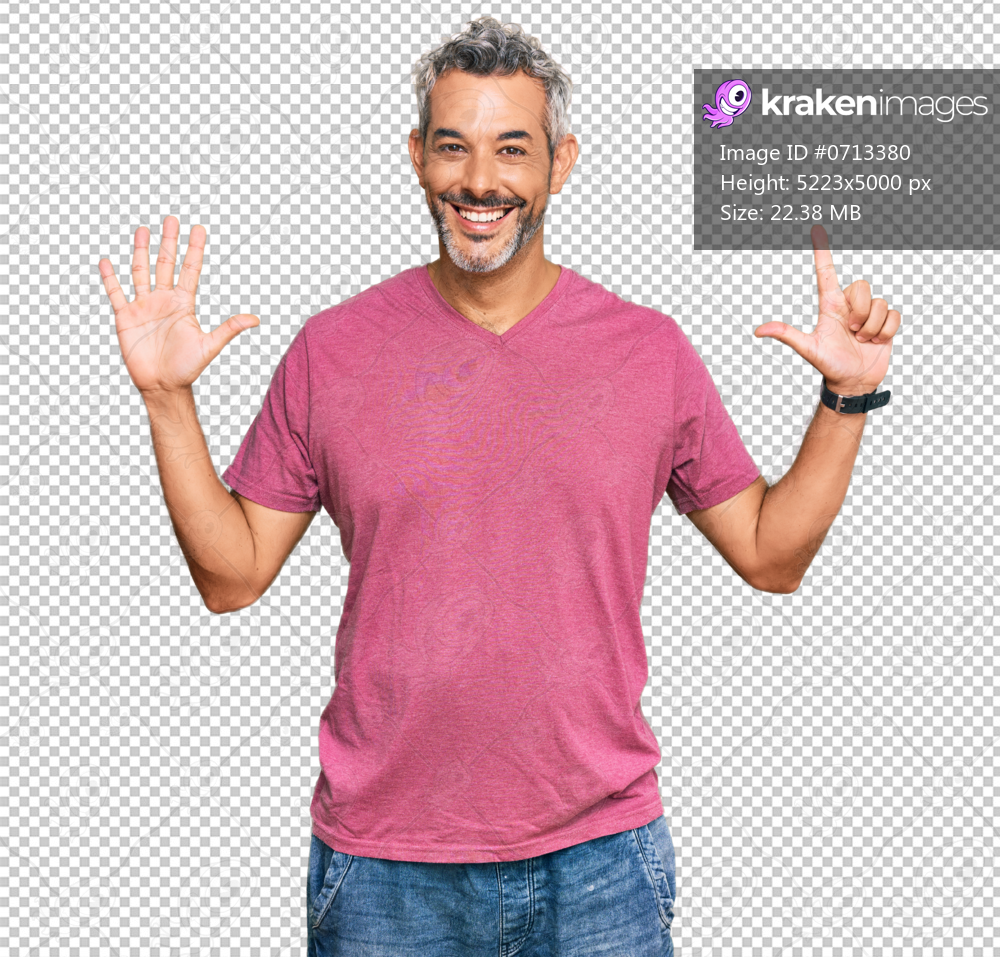 Middle age grey-haired man wearing casual clothes showing and pointing up with fingers number seven while smiling confident and happy.