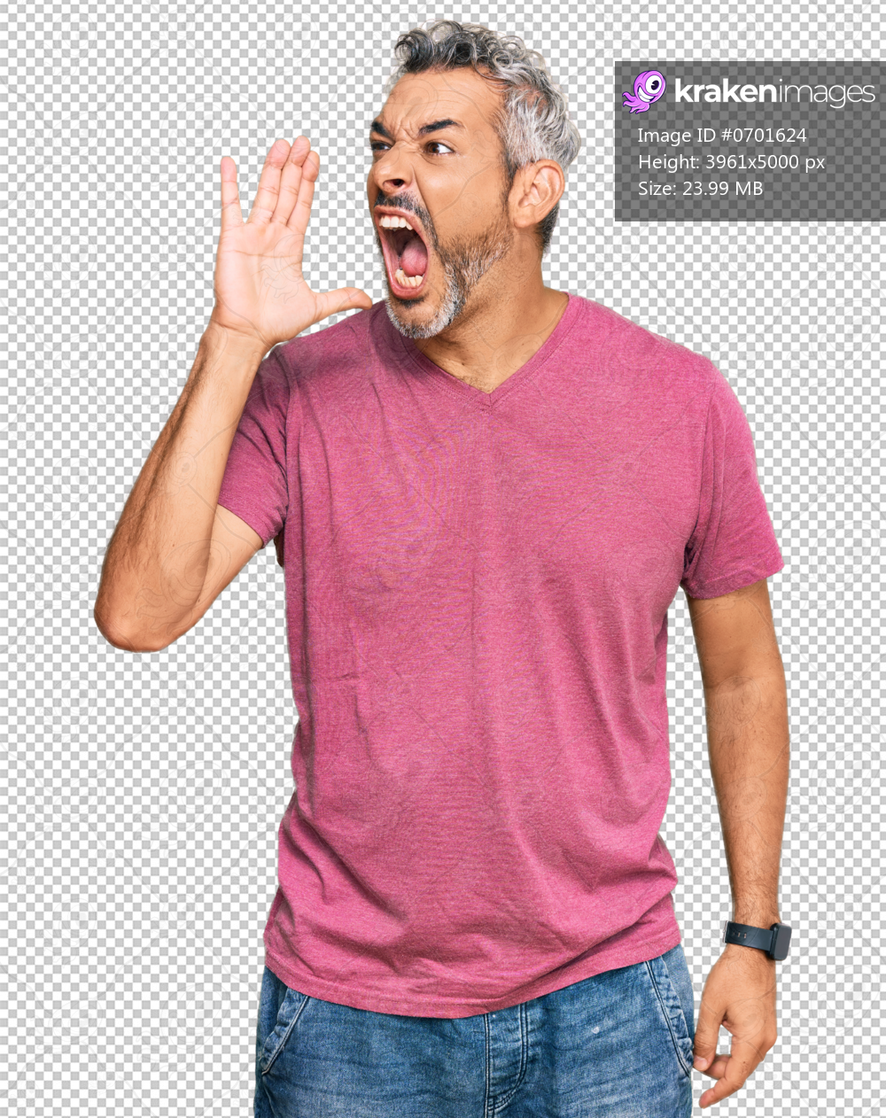Middle age grey-haired man wearing casual clothes shouting and screaming loud to side with hand on mouth. communication concept.