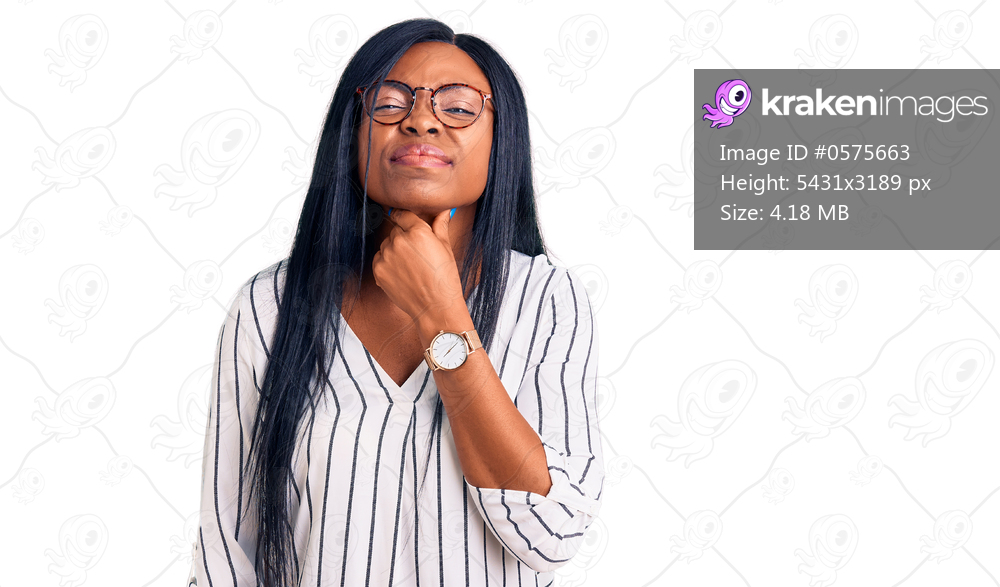 Young african american woman wearing casual clothes and glasses touching painful neck, sore throat for flu, clod and infection 