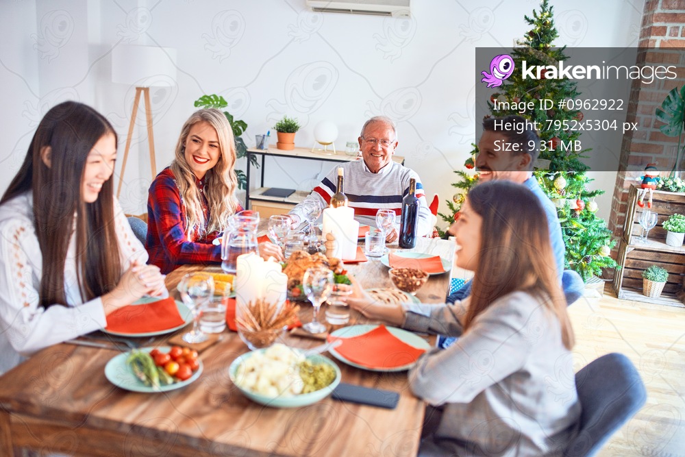Beautiful family meeting smiling happy and confident. Eating roasted turkey celebrating Christmas at home