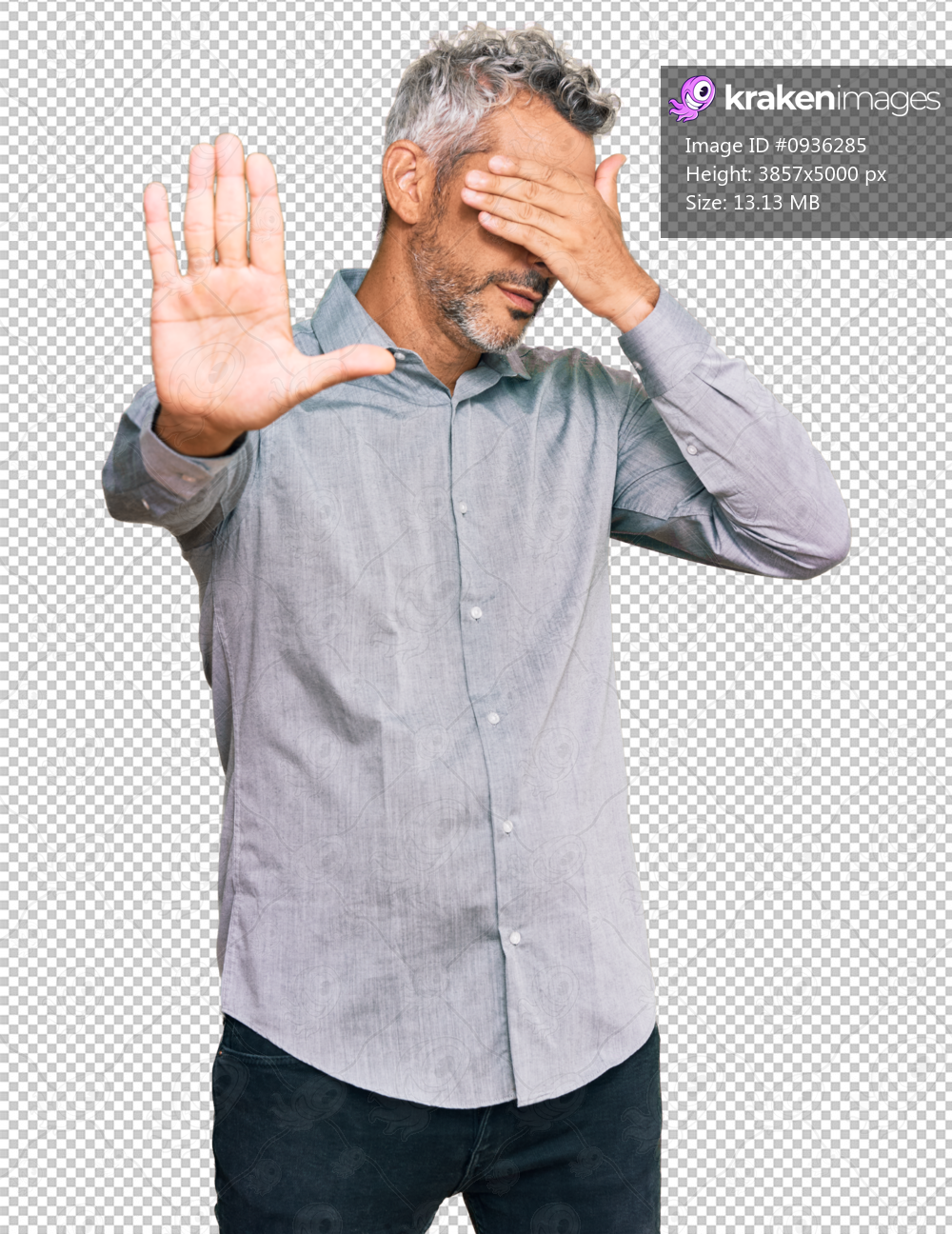 Middle age grey-haired man wearing casual clothes covering eyes with hands and doing stop gesture with sad and fear expression. embarrassed and negative concept.