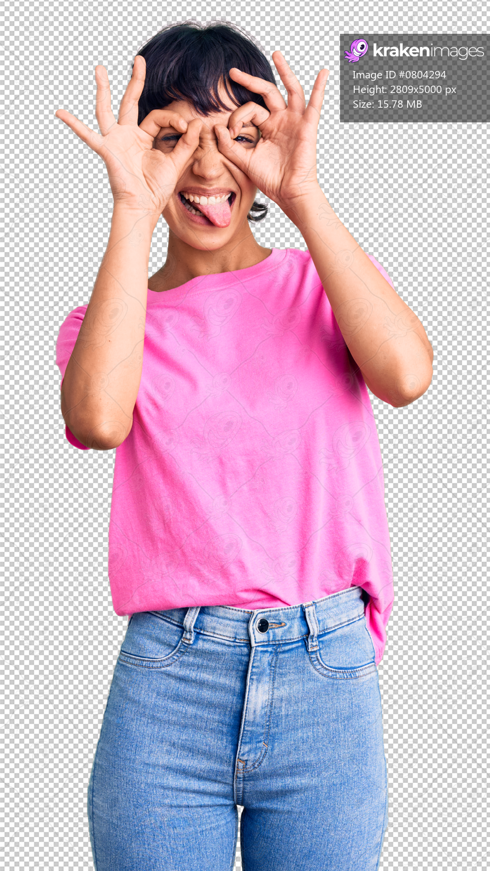Young brunette woman with short hair wearing casual clothes doing ok gesture like binoculars sticking tongue out, eyes looking through fingers. crazy expression.