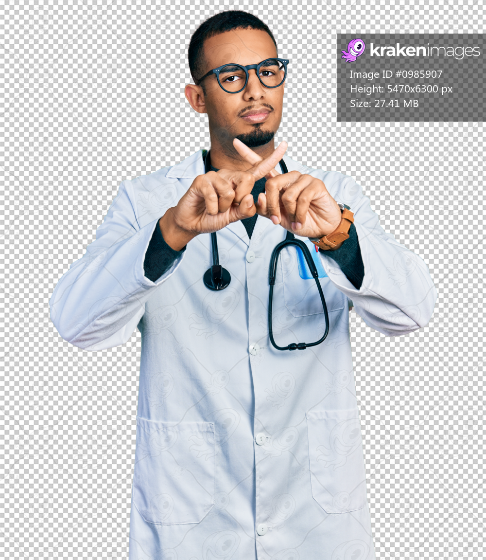Young african american man wearing doctor uniform and stethoscope rejection expression crossing fingers doing negative sign