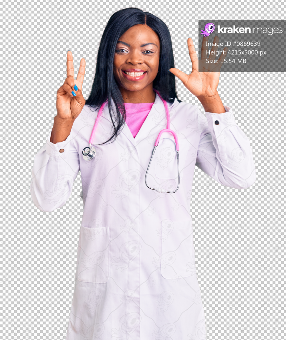 Young african american woman wearing doctor stethoscope showing and pointing up with fingers number seven while smiling confident and happy.