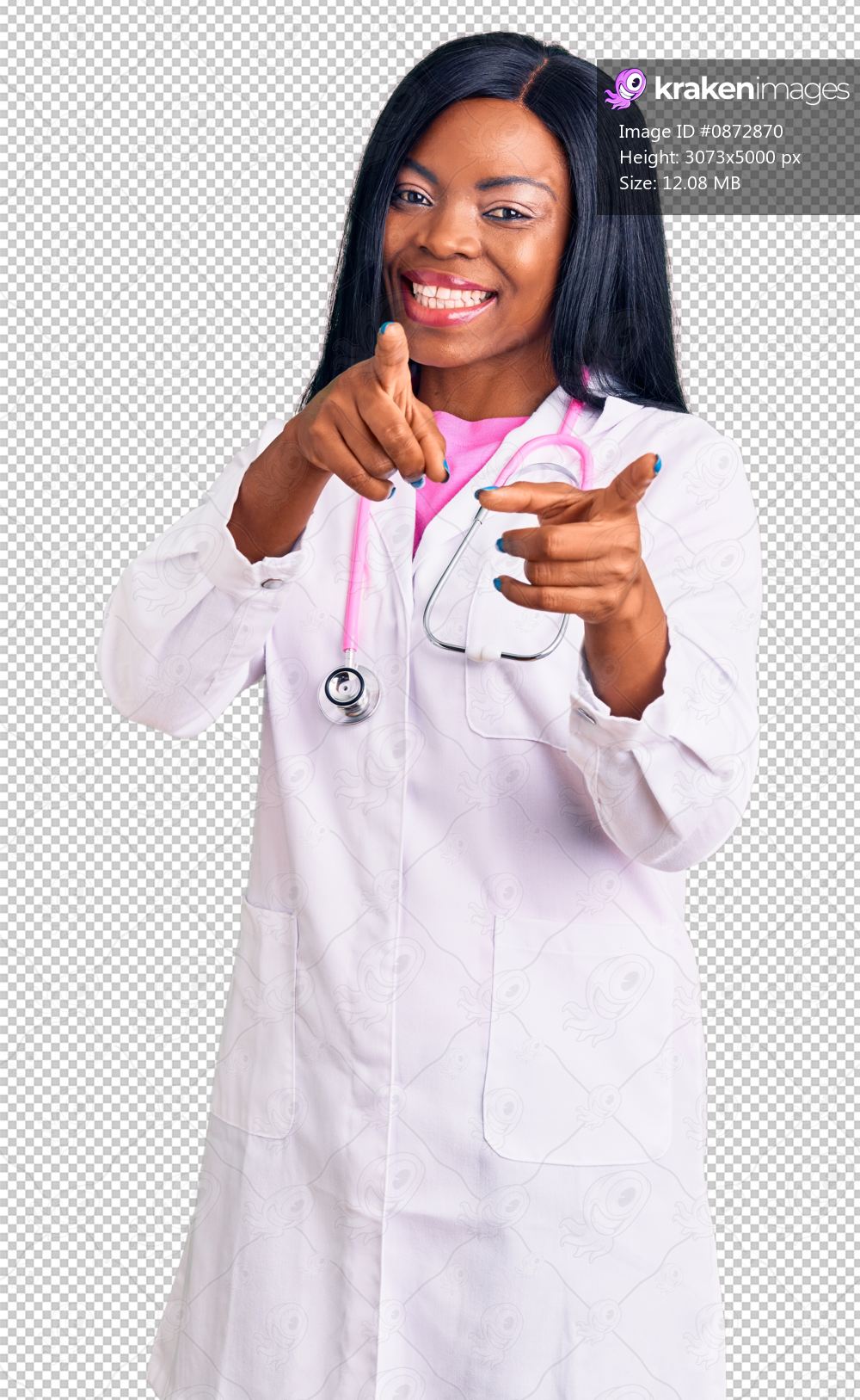 Young african american woman wearing doctor stethoscope pointing fingers to camera with happy and funny face. good energy and vibes.